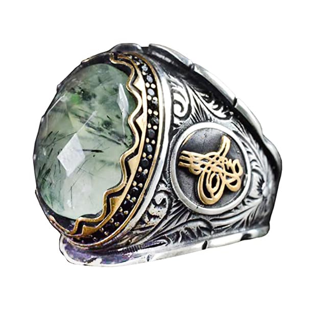 Prehnite Stone Ring, Handmade Ottoman Design 925 Sterling Silver Men's Ring