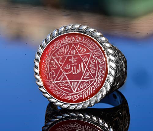 KAMBO Handcrafted Arabic Ring with Carnelian Stone, Sterling Silver Men's Ring - Solomon Star Emblem, Symbol of Courage 
