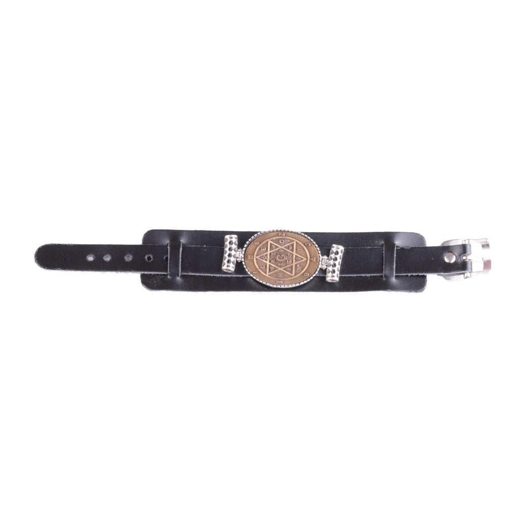 KAMBO Genuine Leather Cuff Bracelet for Men, Metatron Cube Symbol Medallion in 925 Sterling Silver Frame, Handmade Wide 