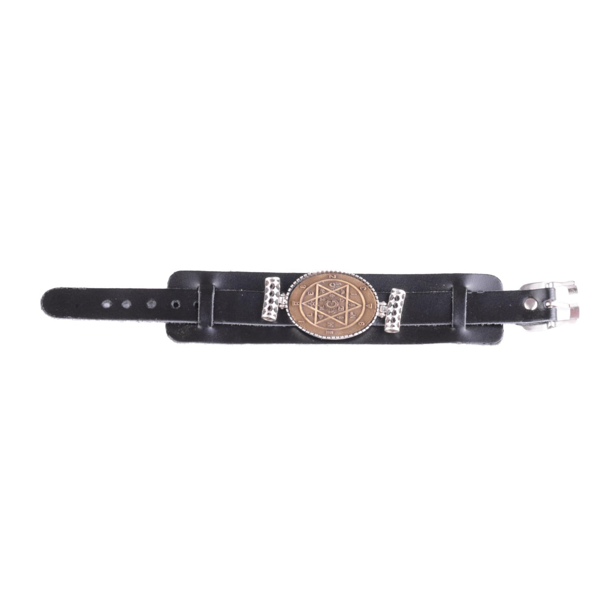 KAMBO Genuine Leather Cuff Bracelet for Men, Metatron Cube Symbol Medallion in 925 Sterling Silver Frame, Handmade Wide 