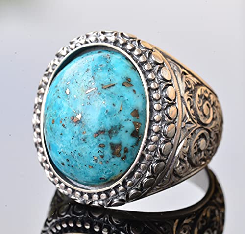 KAMBO Handmade Natural Arizona Turquoise Men's Ring in 925 Sterling Silver with Steel Pen Craft Design Vintage Statement