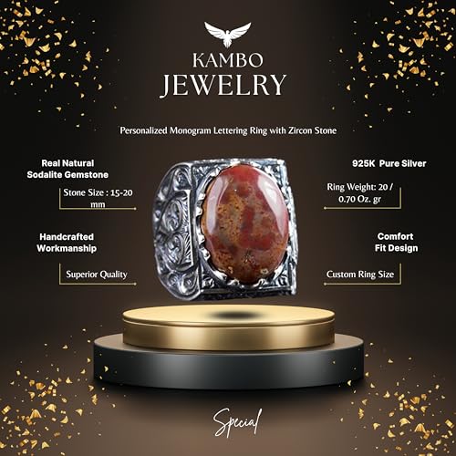 KAMBO Handmade 925 Sterling Silver Men's Bloodstone Ring with Intricate Vintage Engraved Design, Statement Gemstone Jewe