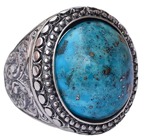 KAMBO Handmade Natural Arizona Turquoise Men's Ring in 925 Sterling Silver with Steel Pen Craft Design Vintage Statement
