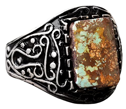 KAMBO Handmade 925 Sterling Silver Men's Ring with Real Arizona Turquoise Gemstone 6.10 Carat, Minimalist Vintage Statem
