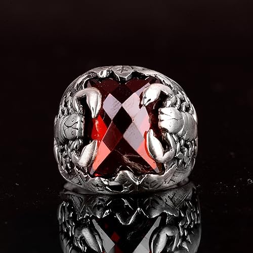 KAMBO Handmade 925 Sterling Silver Scorpion Ring for Men, Vintage Art Deco Scorpio Zodiac Sign with Created Garnet Stone