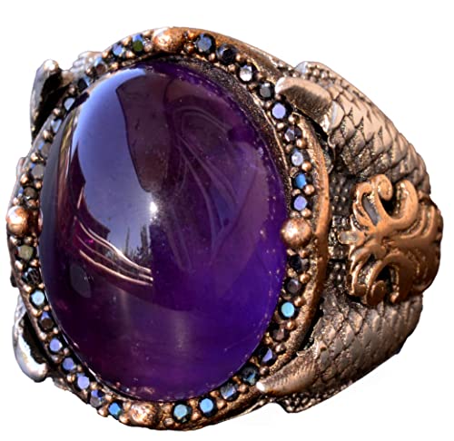 KAMBO Handmade Sterling Silver Men's Amethyst Ring 925 Vintage Eagle Claw Gemstone Statement Band Jewelry