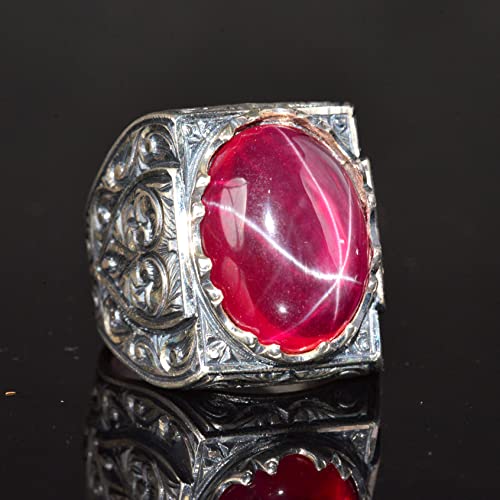 KAMBO Handmade Natural Star Ruby Men's Ring in 925 Sterling Silver with Intricate Six-Ray Star Engraved Design Vintage S