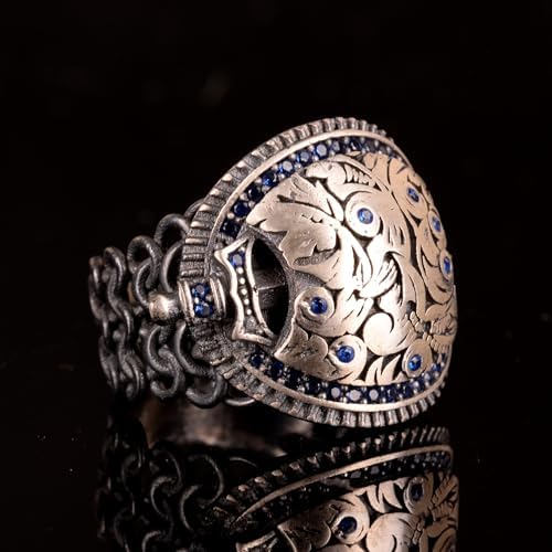 KAMBO Handmade 925 Sterling Silver Men's Ring with Created Zircon Gemstone, Vintage Shield and Sword Knight Design, Stat