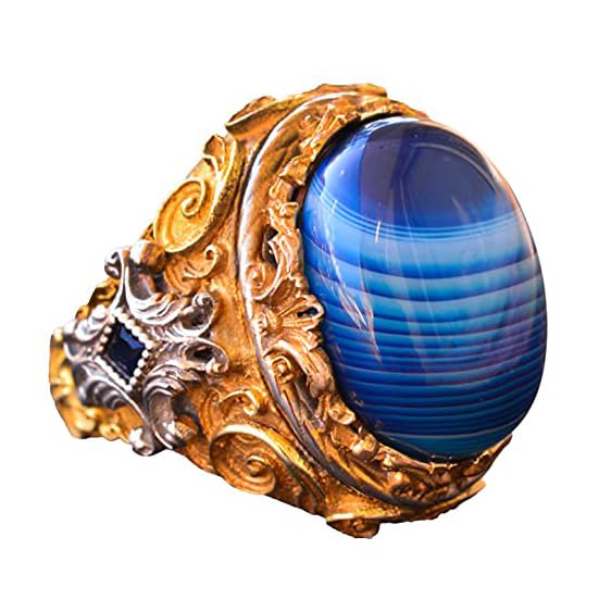 Natural Blue Agate Stone Men's Ring, Gold Plated 925 Sterling Silver Ring, Handmade Silver Ring