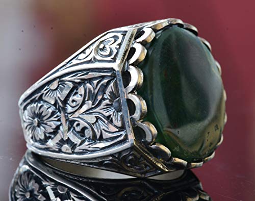 KAMBO Handmade 925 Sterling Silver Men's Ring with Natural Bloodstone Gemstone, Vintage Byzantium Round Design, Statemen