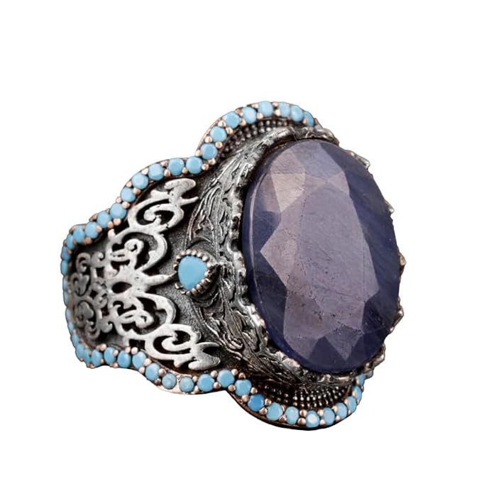 Handmade 925 Sterling Silver Men's Ring - Natural Stone (Sapphire)