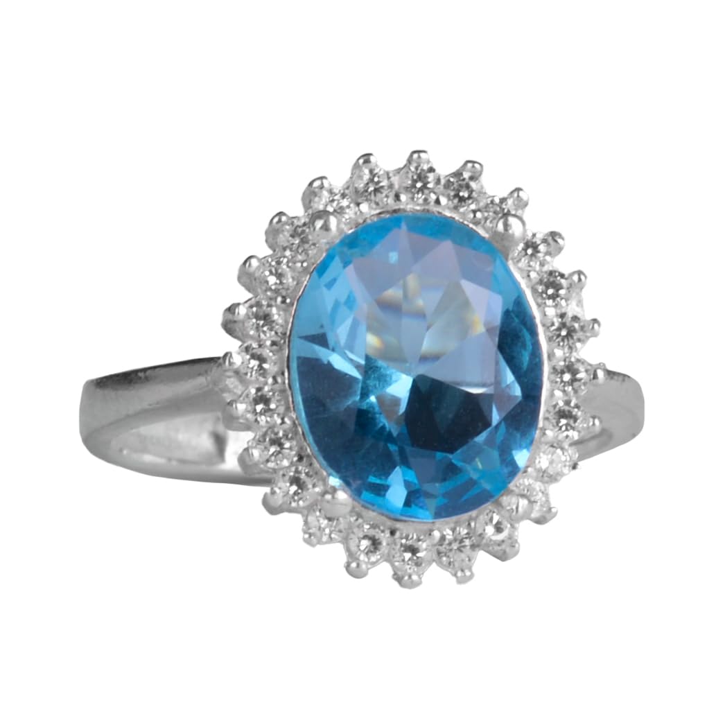 KAMBO 925 Sterling Silver Women's Ring - Elegant Halo Design (Created Blue Topaz)