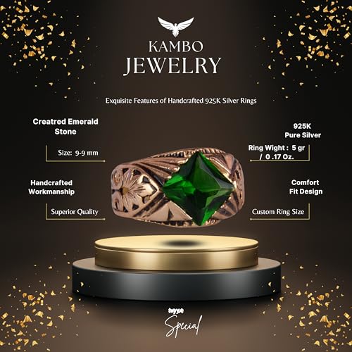 KAMBO Handmade 925 Sterling Silver Ring with Created Emerald Stone, Modern Men's Statement Jewelry, Gold Plated Design, 