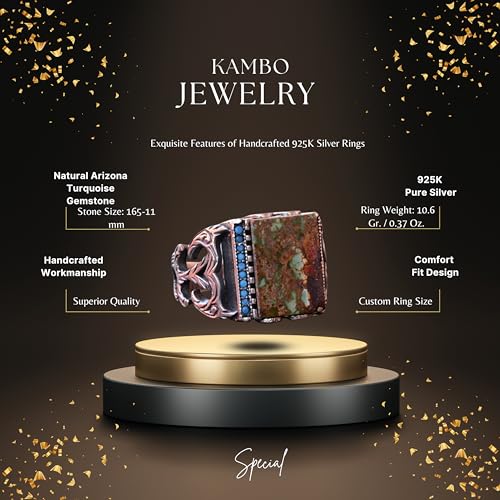 KAMBO Handmade Genuine Natural Arizona Turquoise Sterling Silver Men's Ring - Vintage Style-1 Statement Ring - 925 Sterl