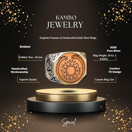 KAMBO Men's Masonic Ring Handmade 925 Sterling Silver Jewish Magic Ring with Double Headed Dragon Design Vintage Stateme