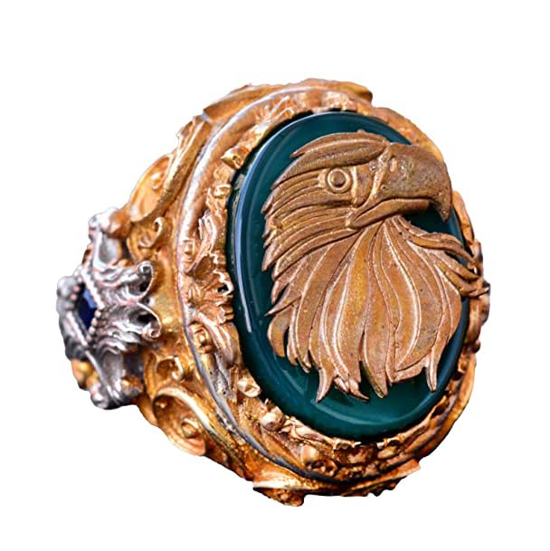 Jade Stone Ring - 925 Sterling Silver Signal Ring - Handmade Men's Gold Plated Ring (Hawk)
