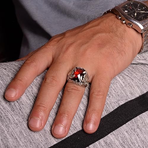 KAMBO Handmade 925 Sterling Silver Scorpion Ring for Men, Vintage Art Deco Scorpio Zodiac Sign with Created Garnet Stone