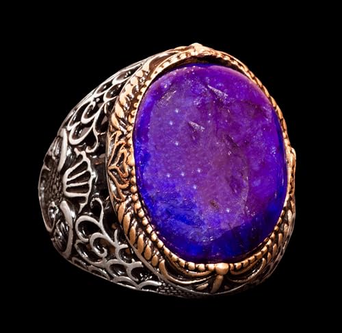KAMBO Men's Handmade 925 Sterling Silver Ring with Natural Cabochon Sapphire Gemstone, Islamic Religious Design, Vintage