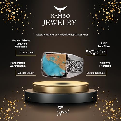 KAMBO Handmade Vintage Men's Ring in 925 Sterling Silver with Genuine Arizona Turquoise Stone, Style-2 Statement Jewelry
