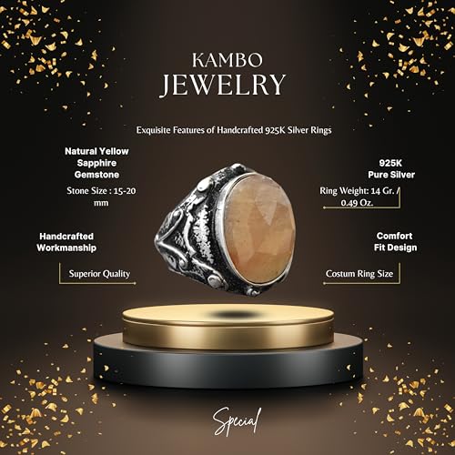 KAMBO Handmade 925 Sterling Silver Men's Yellow Sapphire Gemstone Ring, Vintage Statement Design, Solid Sterling Silver 