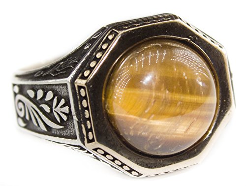 KAMBO Handmade 925 Sterling Silver Men's Ring with Natural Tiger Eye Gemstone, Vintage Statement Jewelry, Elegant Gemsto