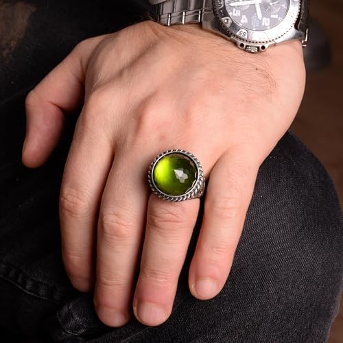 KAMBO Handmade 925 Sterling Silver Men's Peridot Stone Ring Minimalist Vintage Statement Jewelry Elegant Designer Band