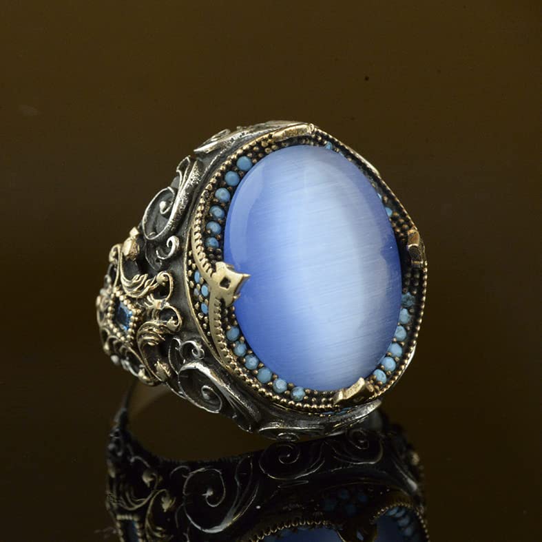Handcrafted Artificial Stone Ring - 925 Sterling Silver Men's Jewelry (Blue Cat Eye) — 6