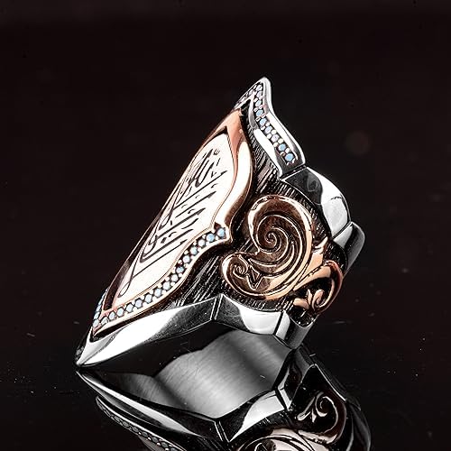 KAMBO Handmade 925 Sterling Silver Islamic Thumb Ring for Men, Adjustable Arabic Design with Created Turquoise Stone, Mi