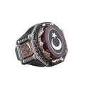 KAMBO 925 Sterling Silver Moon Star Men's Ring – Ottoman Style Faux Amber Stone Statement Ring, Islamic Engraved Design