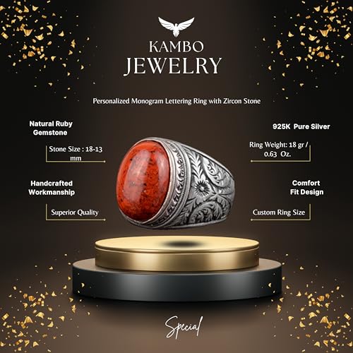 KAMBO Men's Red Natural Bloodstone Ring, Handcrafted Vintage Style in 925 Sterling Silver, Natural Gemstone Healing Crys