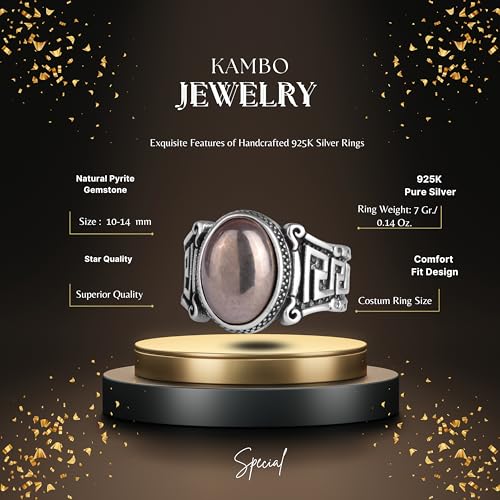KAMBO 925 Sterling Silver Men’s Ring with Pyrite – Handmade Vintage Labyrinth Pattern Statement Ring