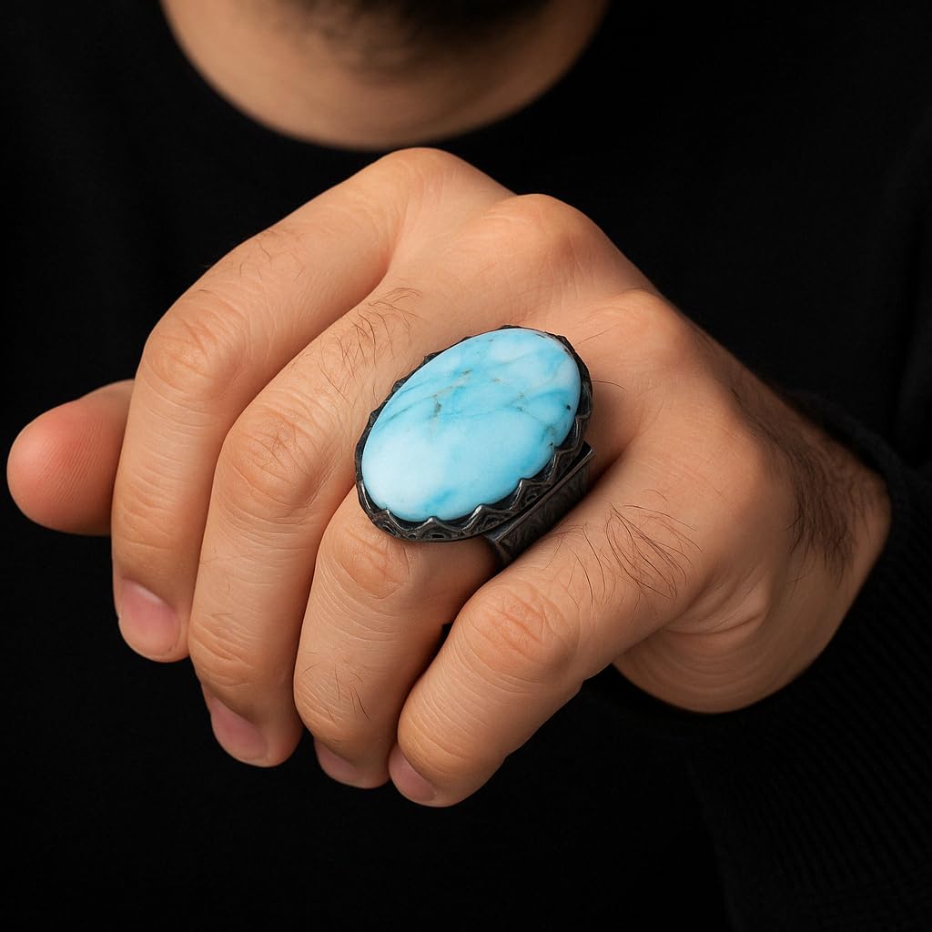 KAMBO Genuine Natural Arizona Turquoise Stone – 925 Sterling Silver Large Statement Ring – Handmade Men's Jewelry — 3