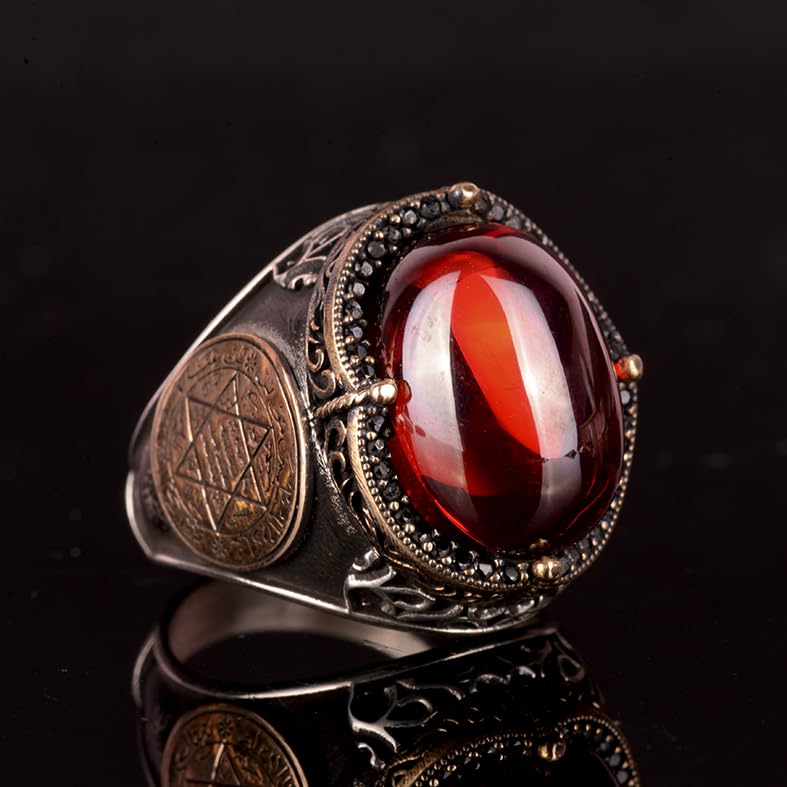 Kambo Star of David 925 Sterling Silver Solomon Ring – Cabochon Synthetic Garnet Stone — 6