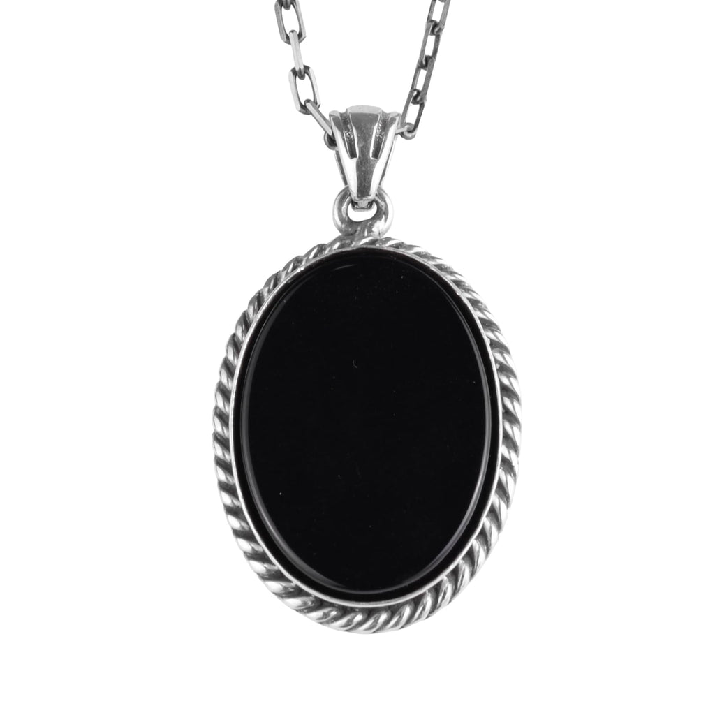 KAMBO Natural Stone Chain Unisex Necklace 925 Sterling Silver – Handmade Oval Description Necklace (Onyx)