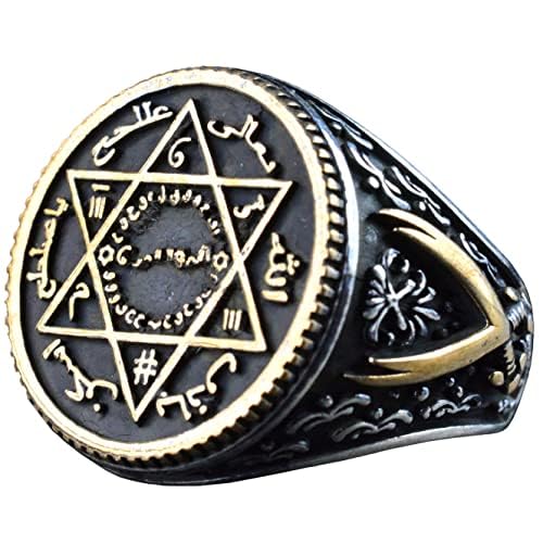Handmade Islamic Star Design Ring - 925 Sterling Silver Men's Ring with Written Inscriptions