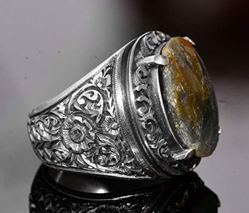 KAMBO Natural Sapphire Men's Sterling Silver Ring Handmade Vintage Christmas Statement Jewelry 925 Sterling Silver Gift 