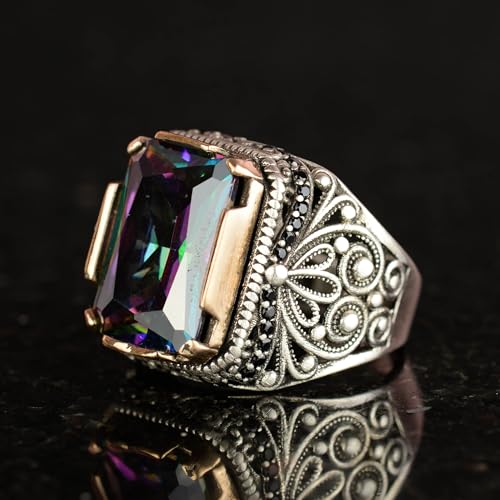 KAMBO Handmade 925 Sterling Silver Men’s Ring with Created Mystic Topaz Stone, Modern Statement Design, Vintage Style, C