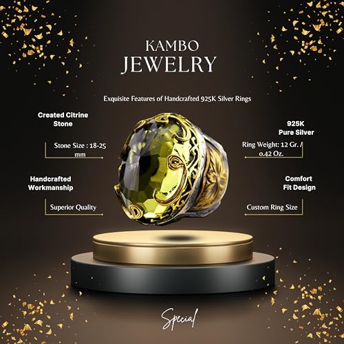 KAMBO Handmade 925 Sterling Silver Unisex Ring with Citrine Stone, Ottoman Emperor VAV Pattern, Vintage Anatolya Design,