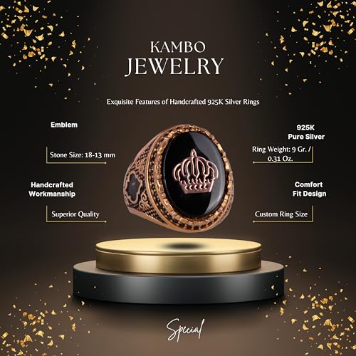 KAMBO Handmade Men's Crown Ring with Created Pearl, 925 Sterling Silver and Gold Plating, Vintage Flag Design, Statement