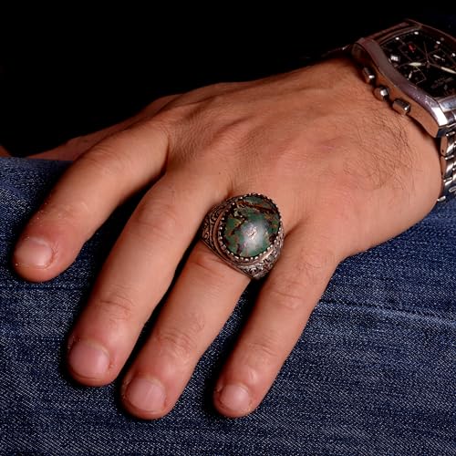 KAMBO Handmade 925 Sterling Silver Turquoise Ring for Men - Genuine Arizona Turquoise Gemstone, Vintage Elegant Style-2 