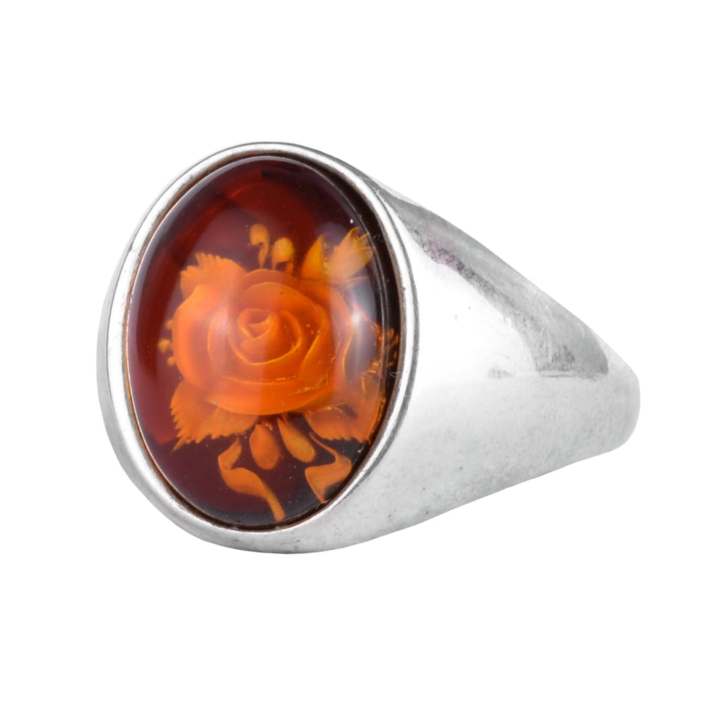 KAMBO Natural Amber Rose Carved Ring 925 Sterling Silver Men's Ring Oval Stone Handmade Vintage Flower Design