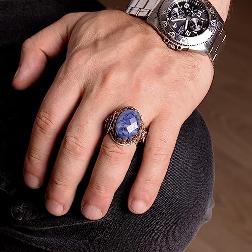 KAMBO Handmade 925 Sterling Silver Men's Ring with Genuine Sodalite Gemstone, Lion Design, Gold Plated Vintage Statement