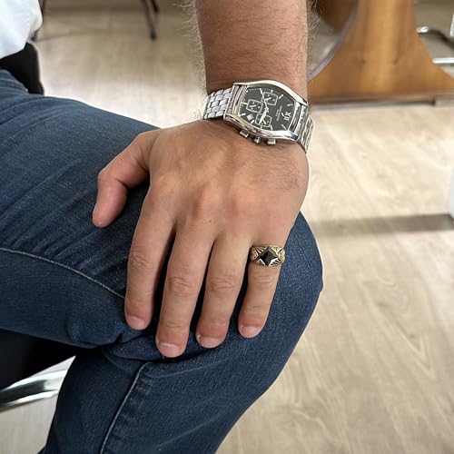 KAMBO Handmade 925 Sterling Silver Created Obsidian Ring for Men, Modern Gold Plated Statement Jewelry, Elegant Vintage 