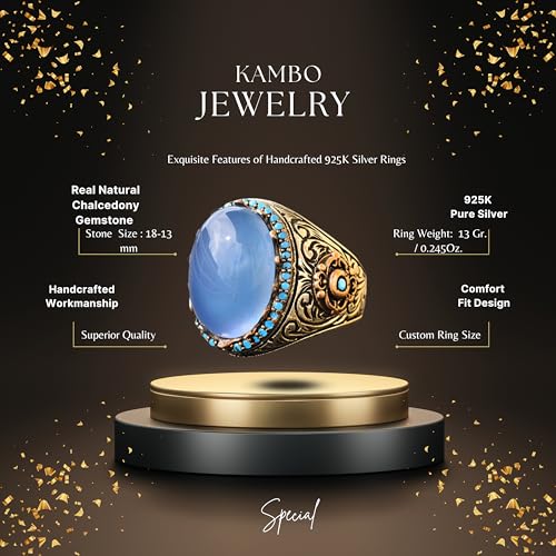 KAMBO Handmade Men's Sterling Silver Ring with Real Natural Chalcedony Gemstone, 11.40 Carat, Vintage Statement Cocktail