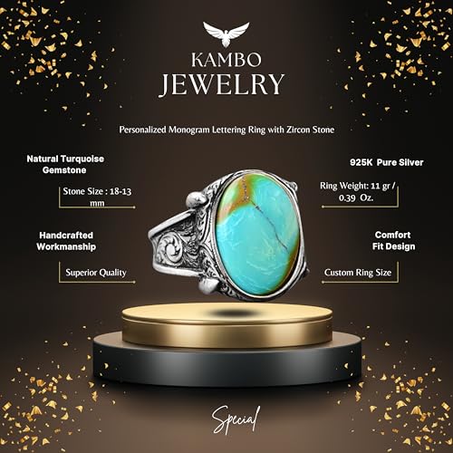 KAMBO Men's Handmade Natural Turquoise Ring in 925 Sterling Silver, Classic Vintage Style-1 Statement Jewelry, Healing C