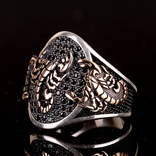 Natural Onyx Gemstone Handcrafted Men's 925K Sterling Silver Ring, Unique Scorpion Animal Design, Scorpio Zodiac Ring, P