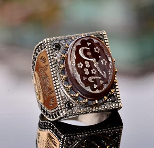 KAMBO Natural Agate Gemstone Ring for Men, Handmade 925 Sterling Silver, Art Deco Islamic Arabic Design, Vintage Stateme