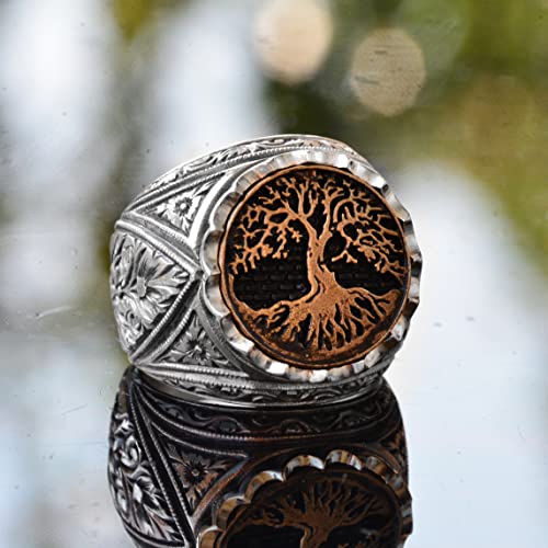 925 Solid Sterling Silver Ring - Round Silver Men's Ring - Signet Rings (Tree of Life)