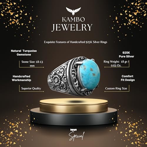 KAMBO Handmade Men's Ring with Natural Turquoise Stone in 925 Sterling Silver, Vintage Style-1 Design, Statement Jewelry