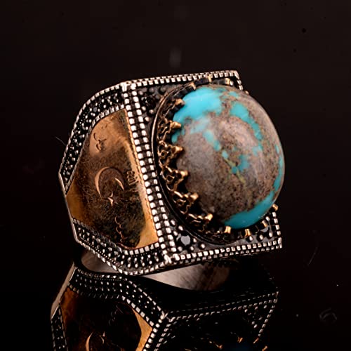 KAMBO 925 Sterling Silver Men's Ring with Natural Turquoise Stone, Handmade Vintage Square Design Gemstone Statement Rin